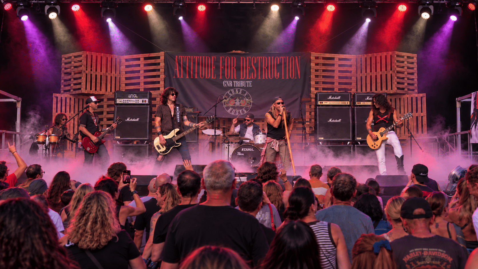 Attitude For Destruction sobre el escenario, con amplificación full stack y público en primer plano